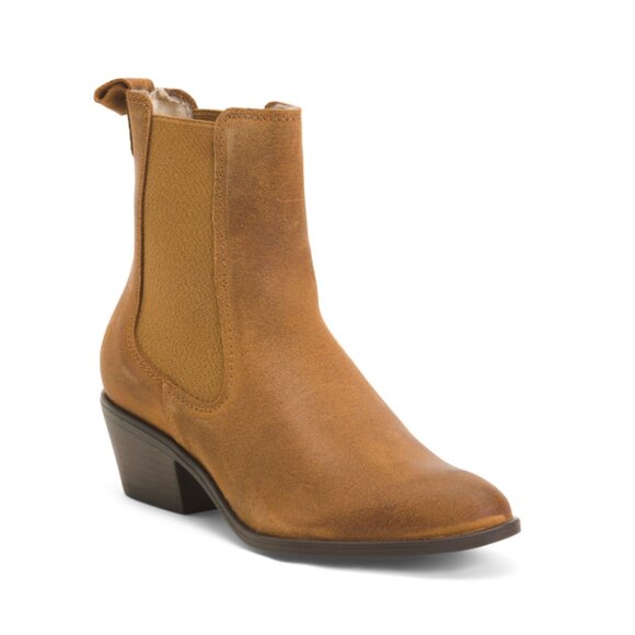 TAMARIS Tan Made In Portugal Suede Heeled Chelsea Booties - Picture 1 of 2